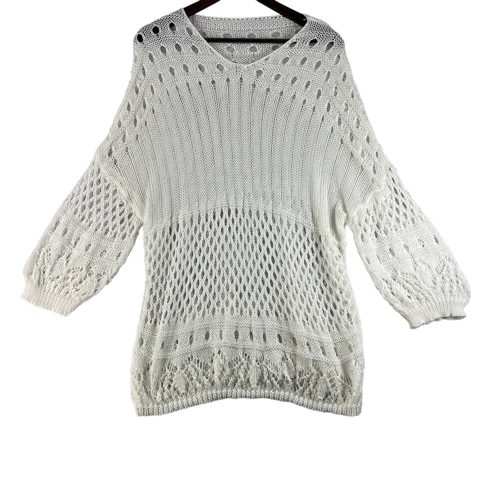 Womens Hand Knit Open Knit Pullover Sweater Size L White V-Neck Boho